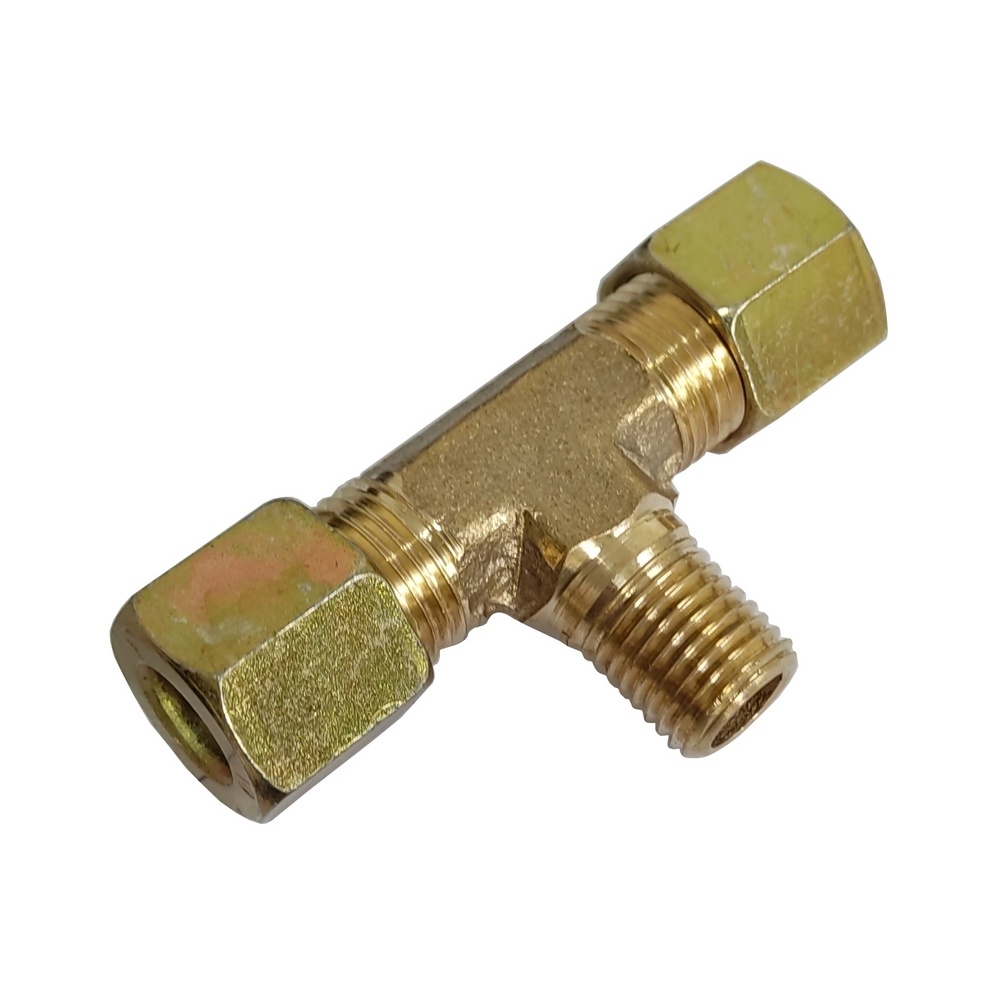 Tee Macho Central Tubo 3/8" x 3/8" NPT - Latão c/ Porca em Aço 