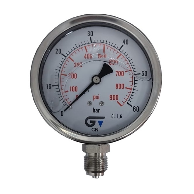 Manômetro Vertical 900 PSI / 60 Bar Com Rosca 1/2" BSP, Total Inox/Glicerina Ø 100 mm 