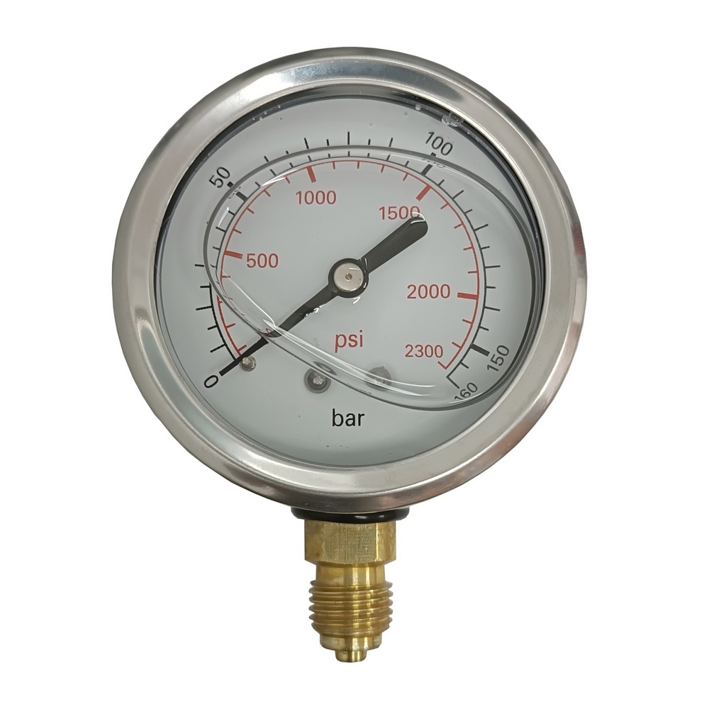 Manômetro Vertical 2300 PSI / 160 Bar c/ Rosca 1/4",  Caixa Inox/Glicerina Ø 63 mm 