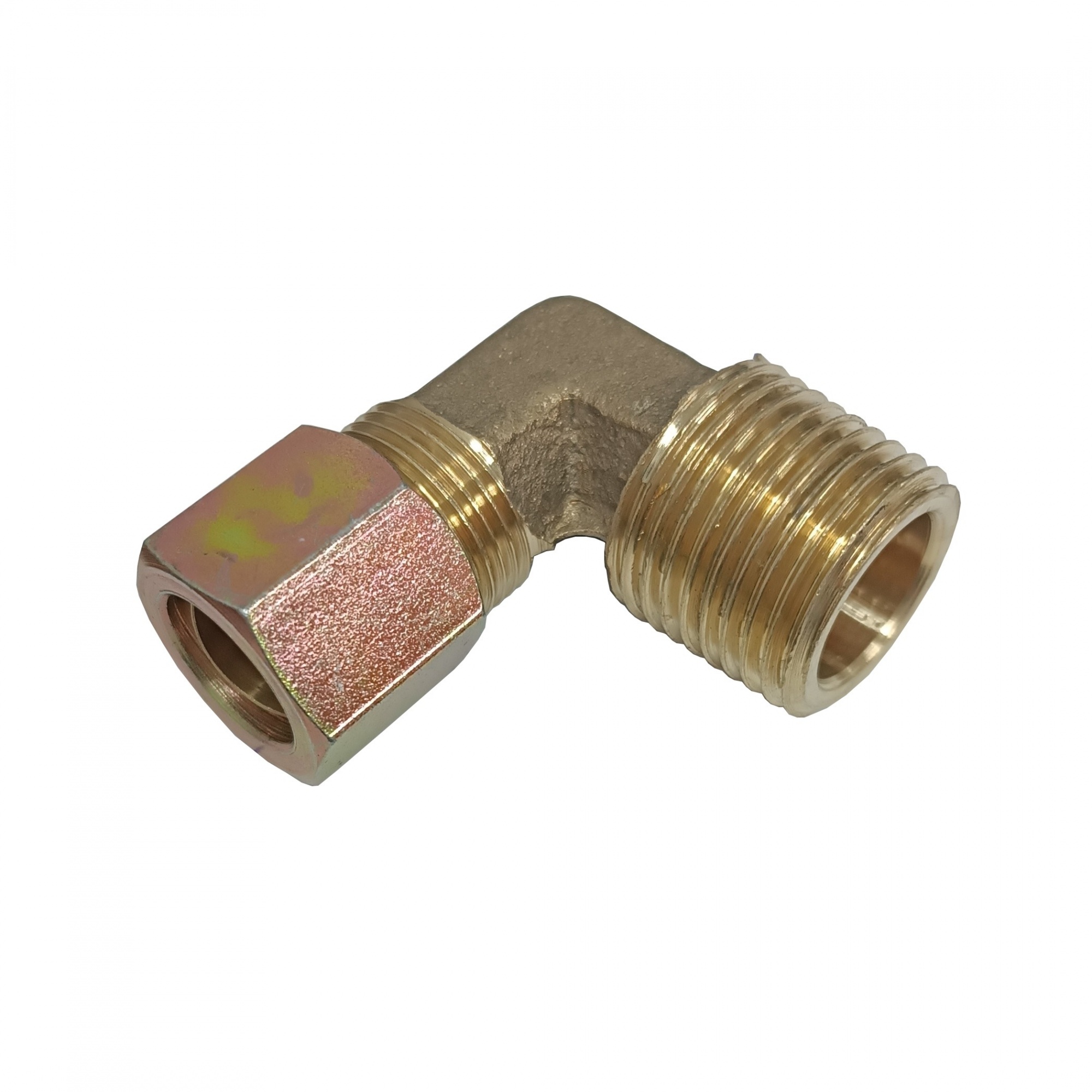 Cotovelo União Tubo 1/4" x Macho 1/2" NPT - Latão c/ Porca de Aço