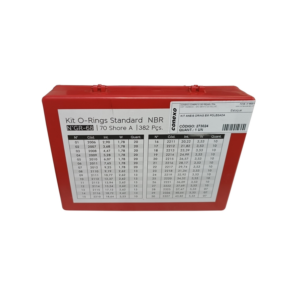 Kit Anéis Oring em Polegada - Dureza 70 Shore - NBR (Borracha Nitrílica)