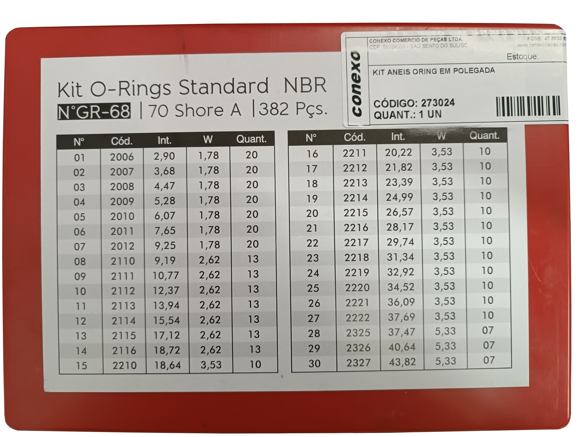 Kit Anéis Oring em Polegada - Dureza 70 Shore - NBR (Borracha Nitrílica)