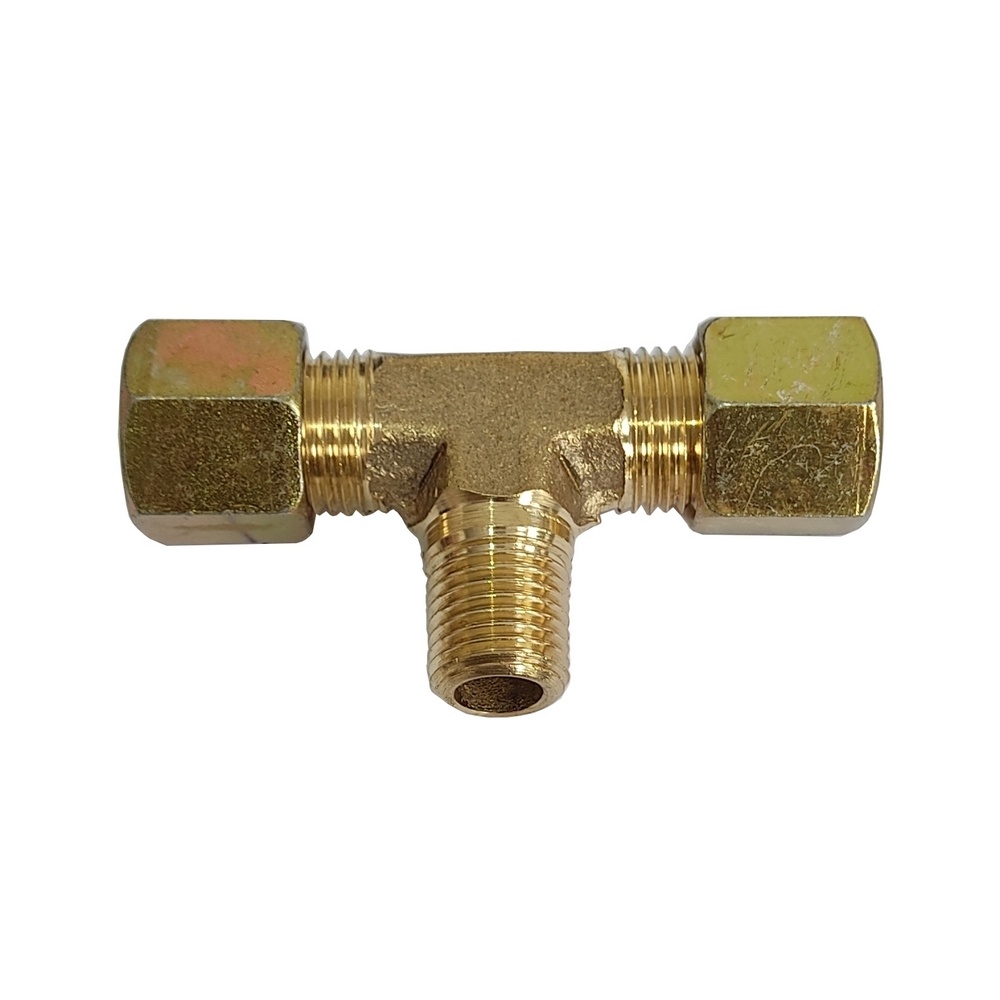 Tee Macho Central Tubo 5/16" x 1/8" NPT - Latão c/ Porca em Aço