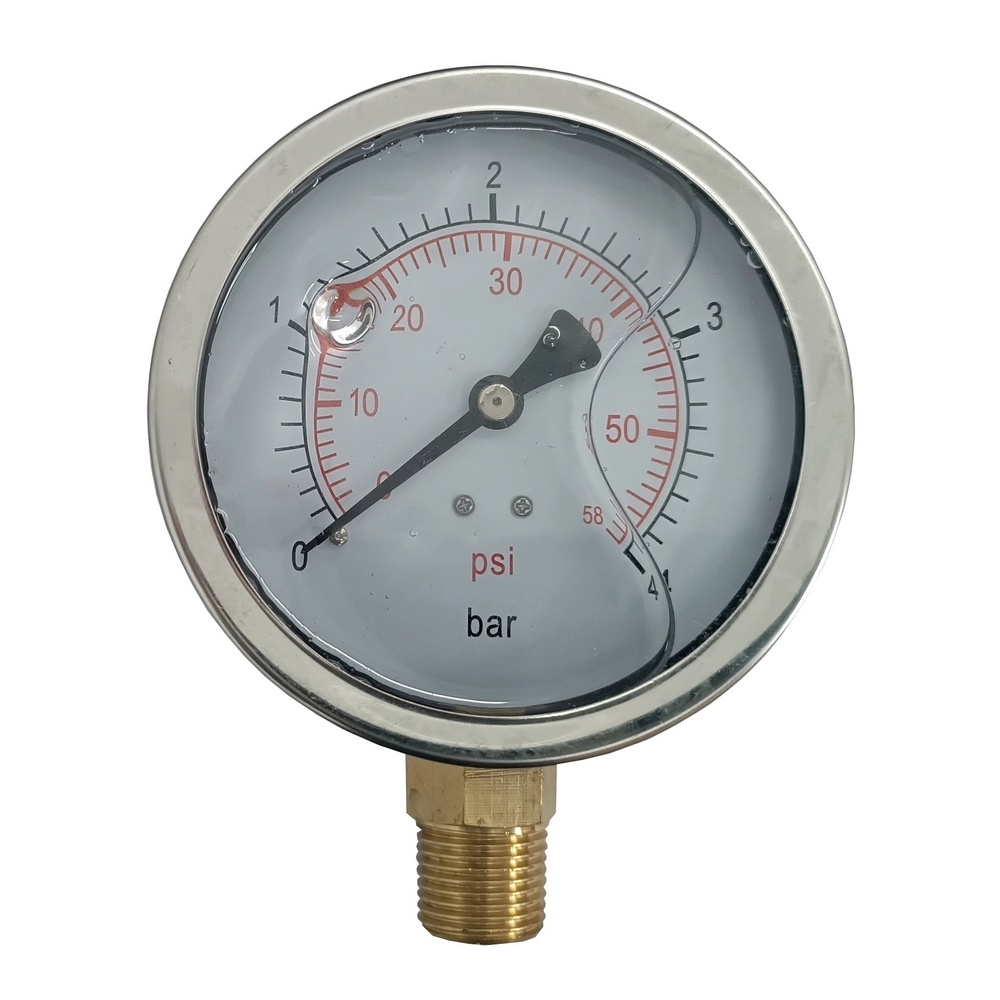 Manômetro Vertical 58 PSI / 4 Bar c/ Rosca 1/2" NPT, Caixa em Inox/Glicerina Ø 100 mm 