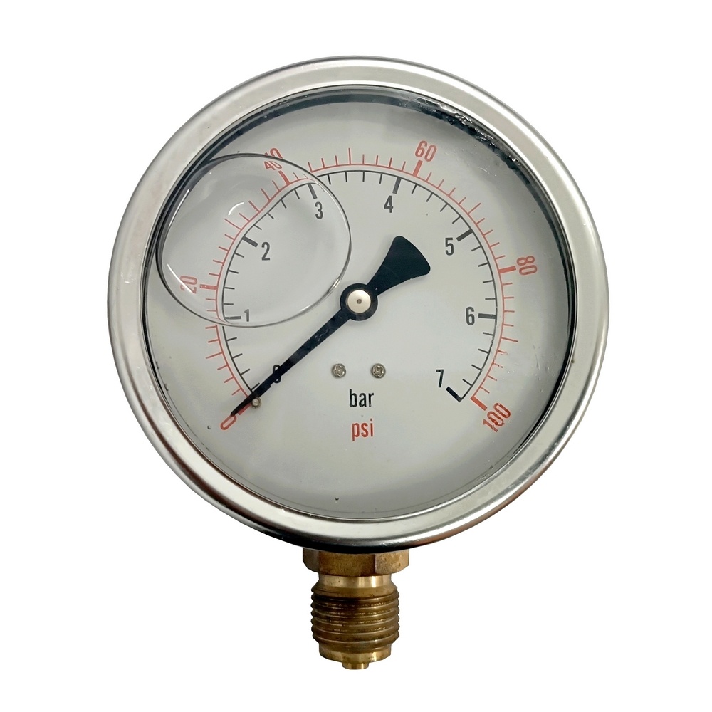 Manômetro Vertical 100 PSI / 7 Bar c/ Rosca 1/2" BSP, Caixa em Inox/Glicerina Ø 100 mm 