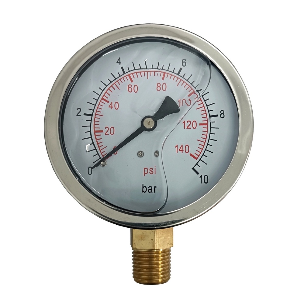 Manômetro Vertical 140 PSI / 10 Bar c/ Rosca 1/2" NPT, Caixa em Inox/Glicerina Ø 100 mm 