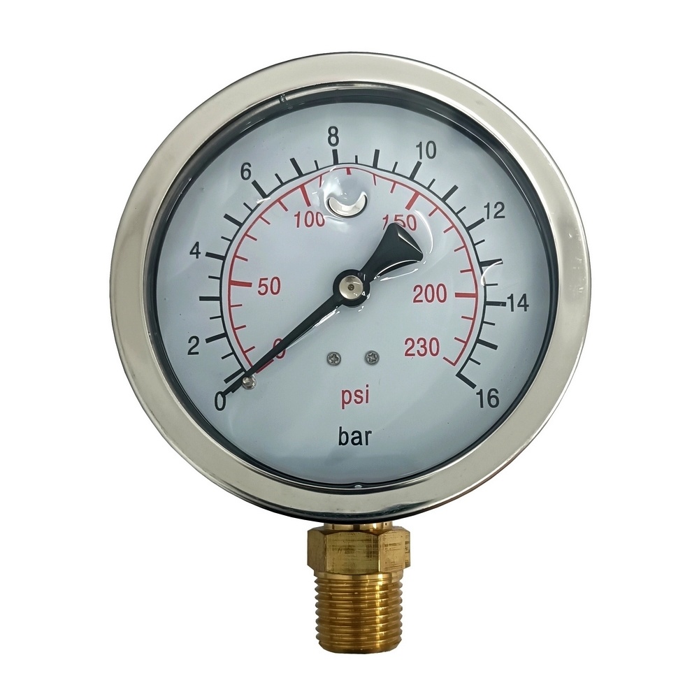 Manômetro Vertical 230 PSI / 16 Bar c/ Rosca 1/2" NPT, Caixa em Inox/Glicerina Ø 100 mm 