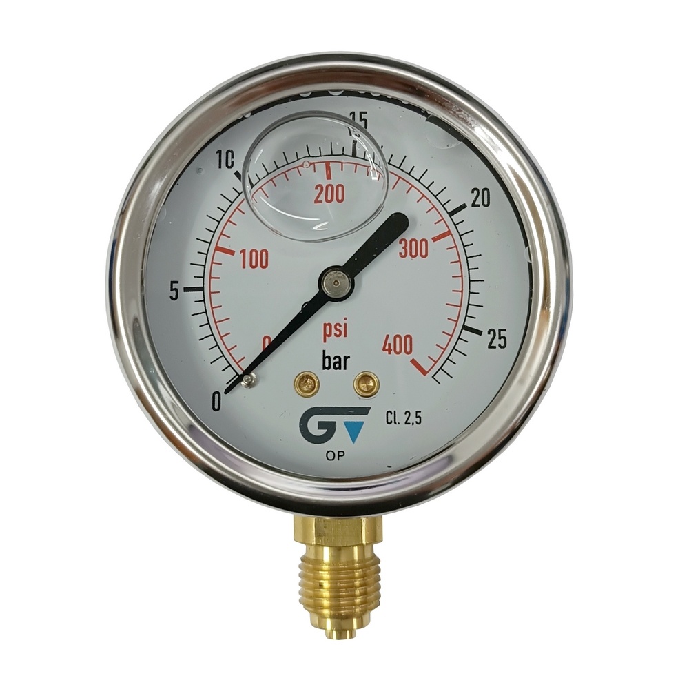 Manômetro Vertical 400 PSI / 25 Bar com Rosca 1/4" BSP e Caixa em Inox/Glicerina Ø 63 mm 